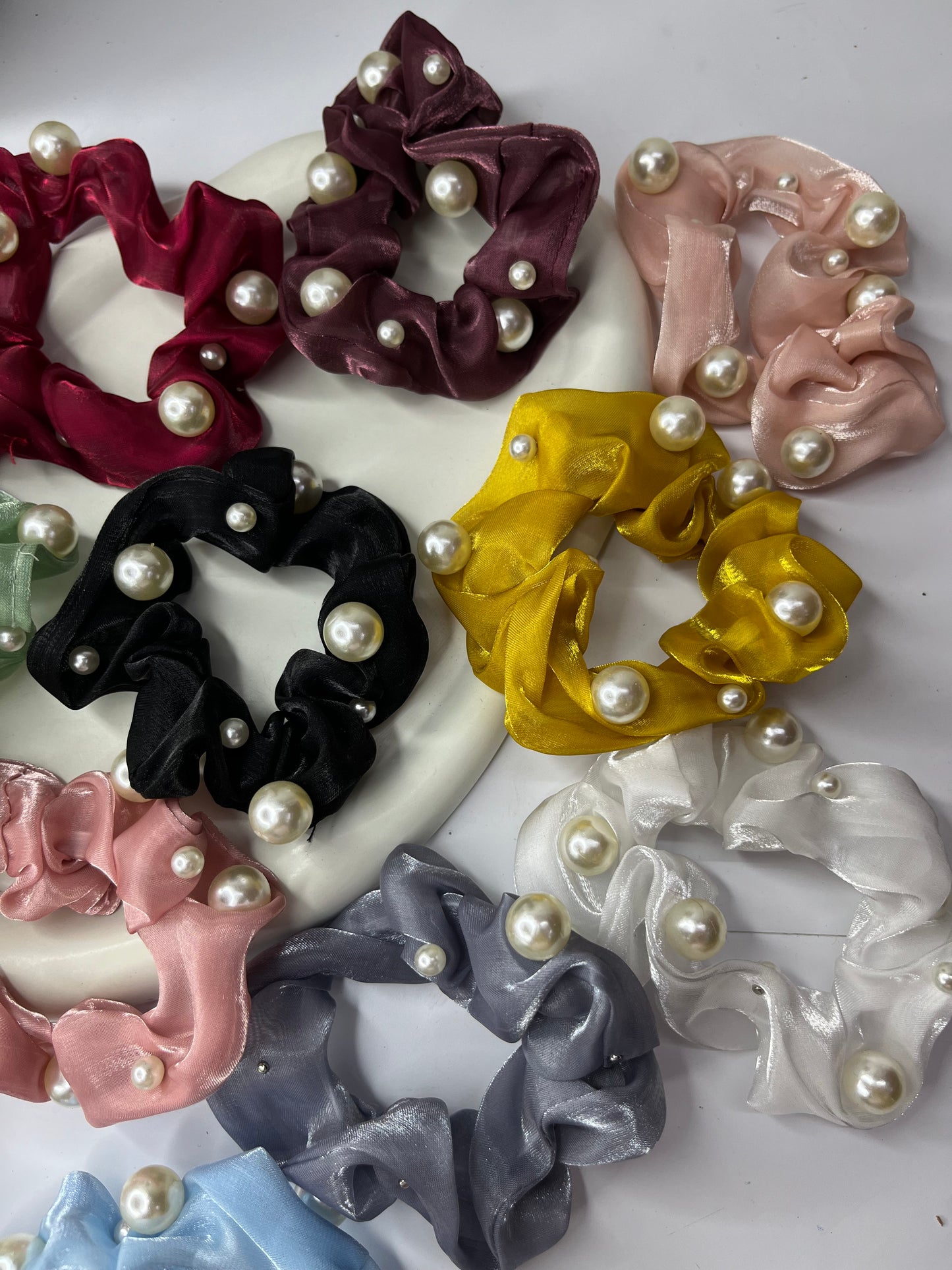 Premium Organza Pearl Hair Scrunchie ( Set of 3 )
