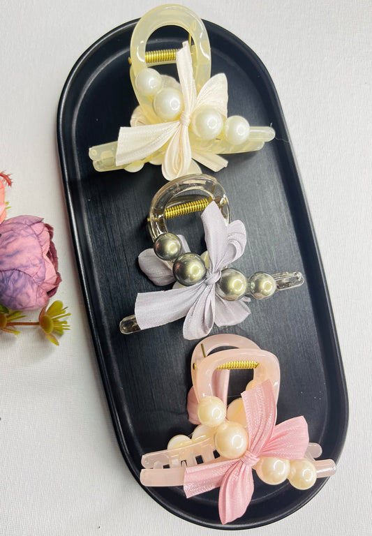 Bow Pearl Hair Claw Clip ( Large )