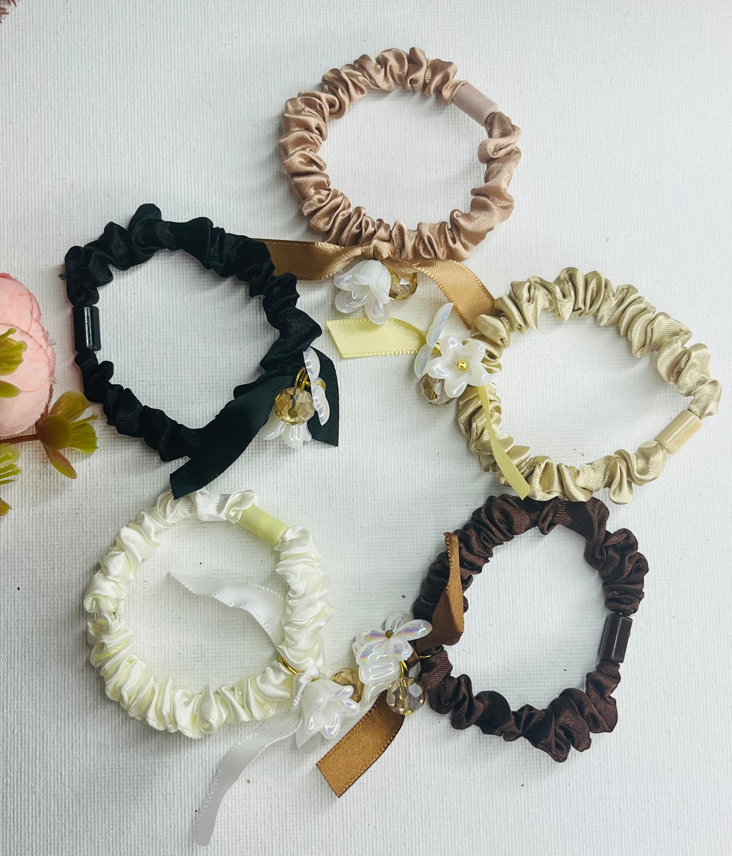 Chocolate Satin Skinny Scrunchies { Set of 5 }